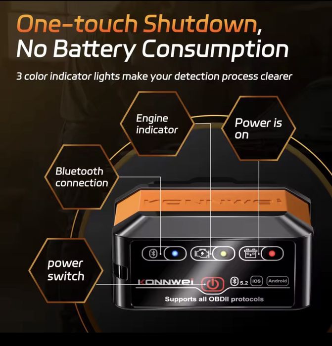 Автосканер KONNWEI KW905 діагностика авто, видалення помилок OBD2 Bluetooth 5.0 IOS та Андроід