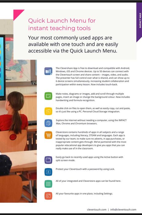 Ecrã interactivo Clevertouch de 65" p/ salas de reuniões e aulas + suporte de parede