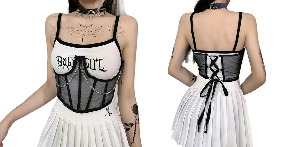 Damski gorset gotycki z siateczki i łańcuszkami pod biust - M