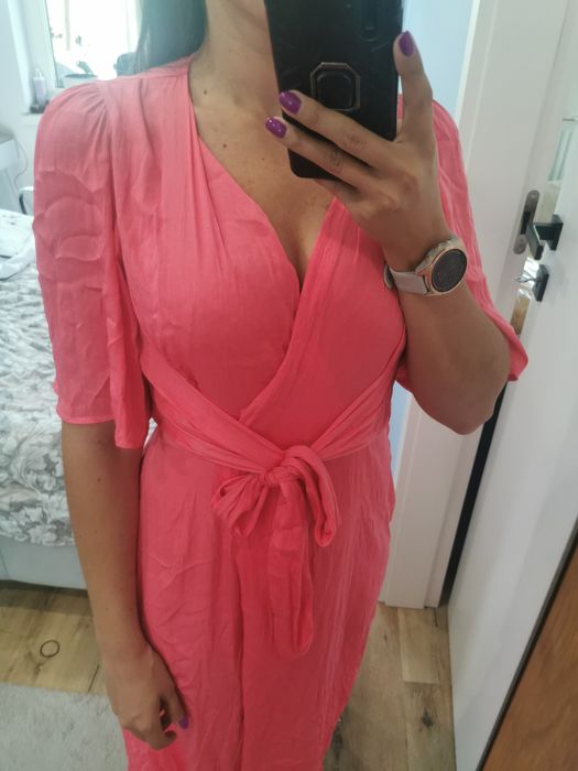 Koralowa długa sukienka kopertowa Oysho r. XS