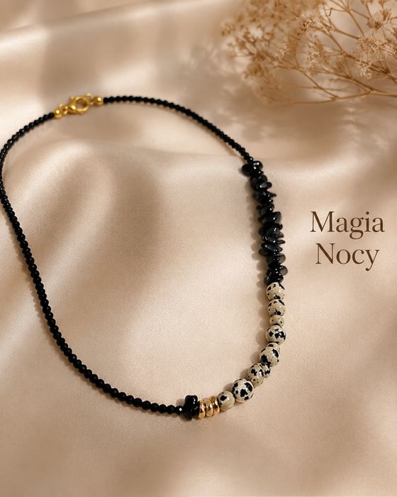 Naszyjnik choker z kamieni turmalin jaspis hematyt szklane koraliki handmade 40 cm