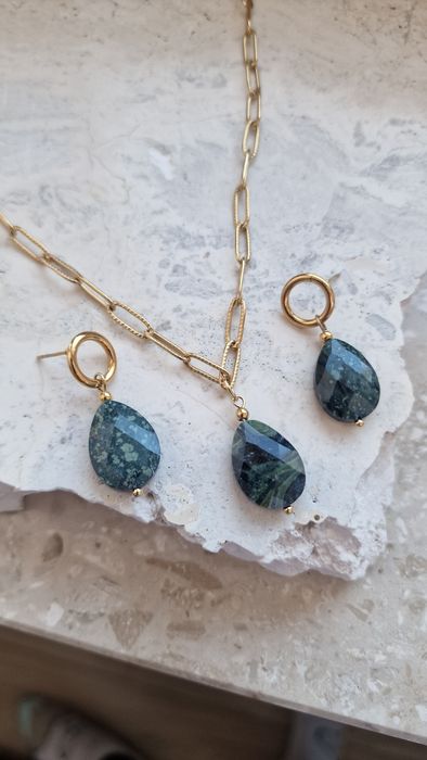 Komplet z jaspisu i stali chirurgicznej naszyjnik z grubym łańcuszku