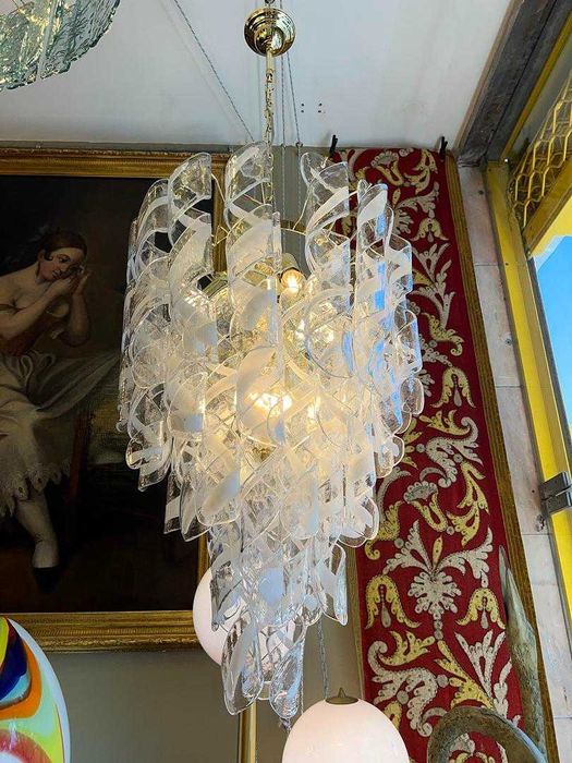 Lustre Espiral Murano 6 Lumes Vidro Torcido e Metal Dourado - Itália