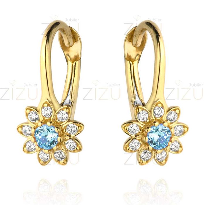 HIT złote kolczyki kwiatuszki z błękitnymi cyrkoniami