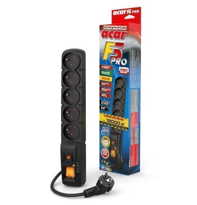Listwa przeciwprzepięciowa ACAR F5 PRO 3m 5 gniazd 10A W0093