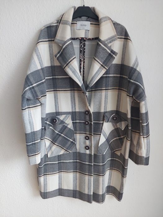 Gruby płaszcz w kratę beżowo szary L XL XXL Blue Shadow plus size Nowy