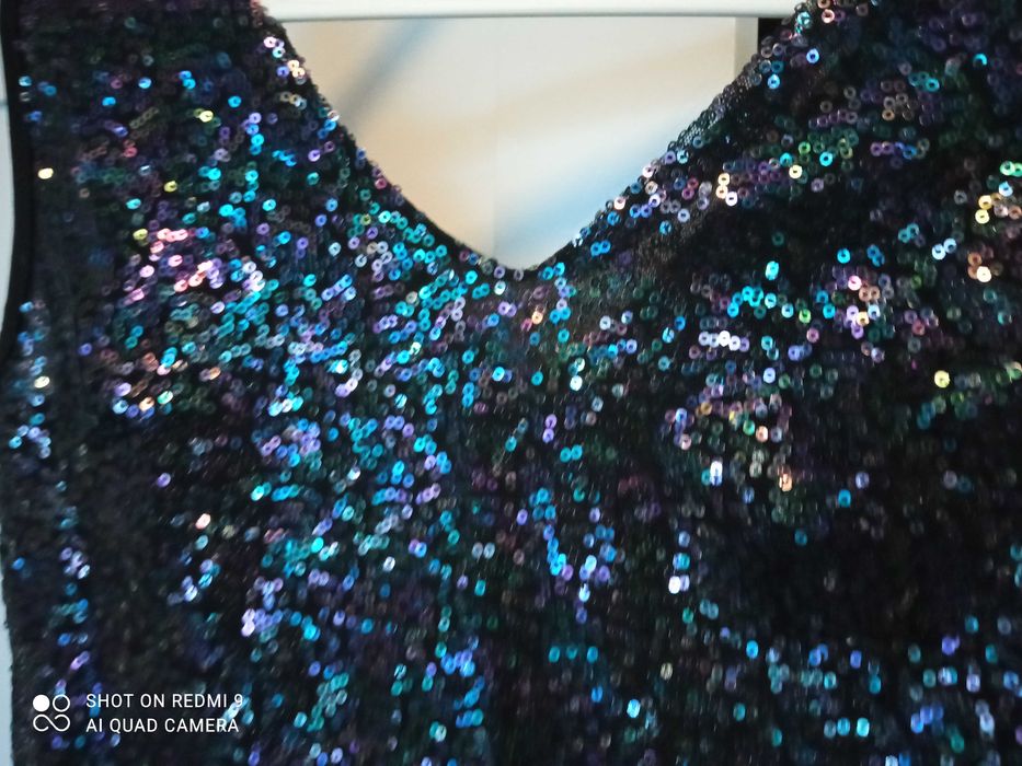 PRZEPIĘKNA! sukienka mini, cekinowa, granatowa 36 S