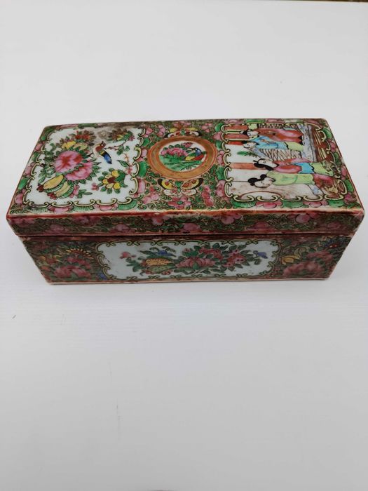 Caixa Canetas Porcelana da China Mandarim Chinesa Séc XIX 21 cm