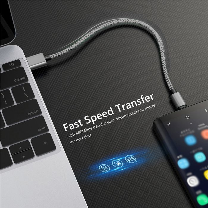 Kabel USB-C do USB Pleciony 2m szary przewód do ładowania 2 metry