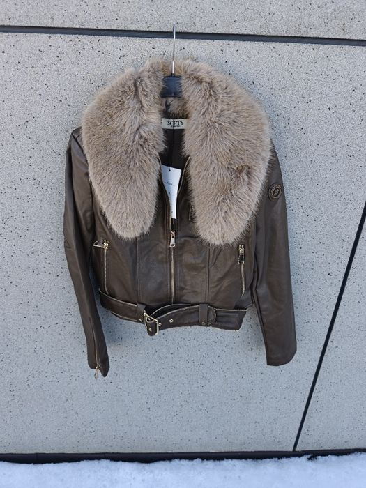 Kurtka ramoneska czekoladowa damska z odpinanym futerkiem