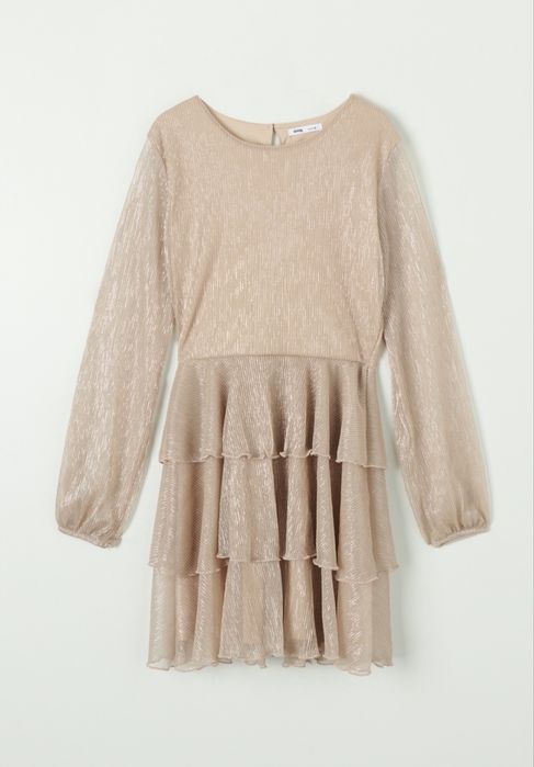 Połyskująca sukienka beżowa plisowana z falbanami (S)