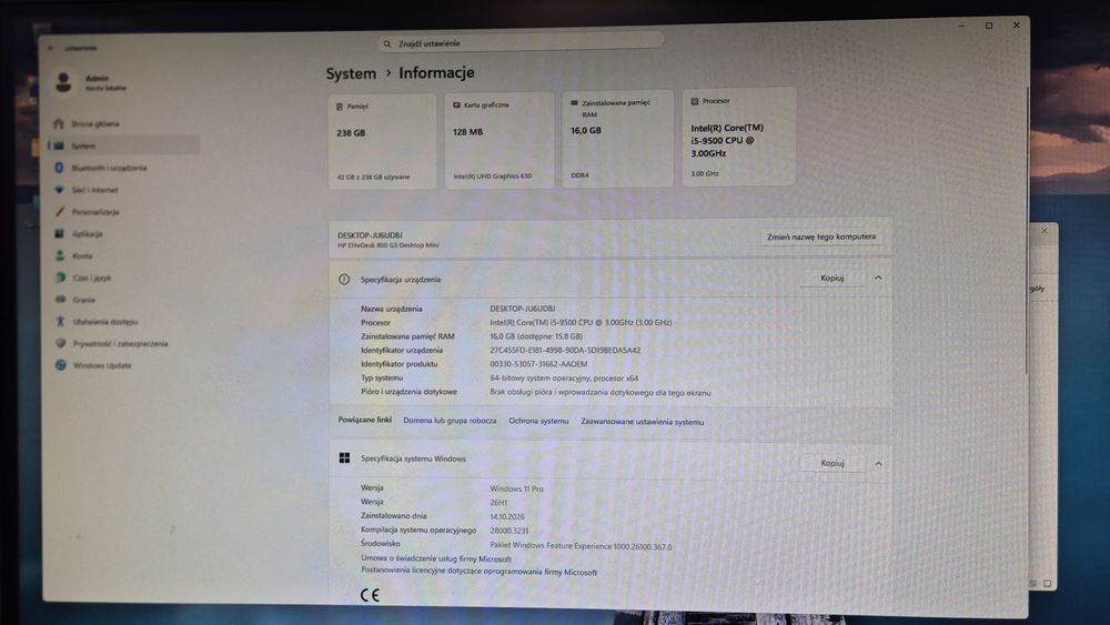 MiniPC HP EliteDesk 800 G5 Mini i5-9500 16GB 256GB Win11