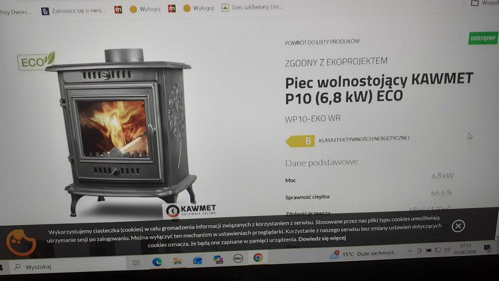 koza piec wolnostojący żeliwny Kawmet P10 6,8 KW