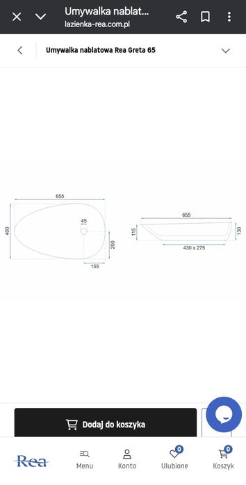 Umywalka nablatowa Rea Greta 65 prawie nowa