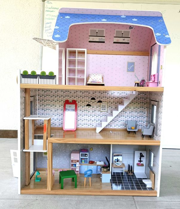 Drewniany domek dla lalek - ogromny 82 x 61 x 27 cm, parter + 2 piętra