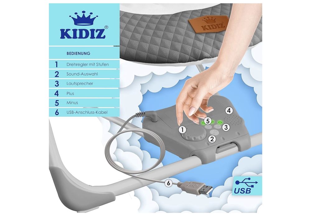 KIDIZ® Huśtawka dla niemowląt z 5 ustawieniami prędkości, składana