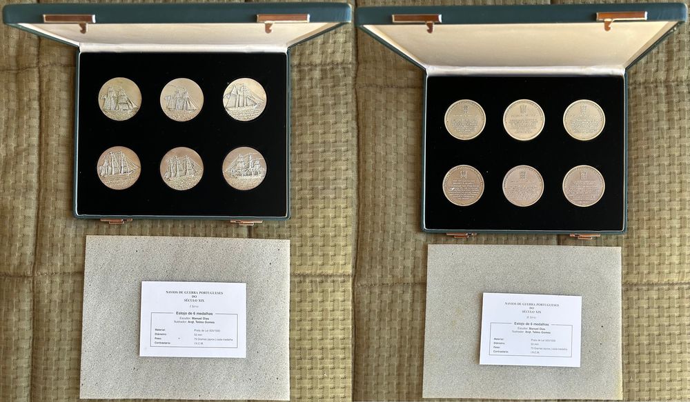 Lote de 12 Medalhas Prata 925 Navios de Guerra Portugueses Século XIX