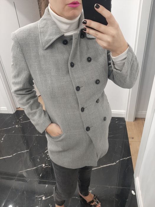 Marynarka płaszcz dwurzędowy wełna wool vintage grey modny elegancki l