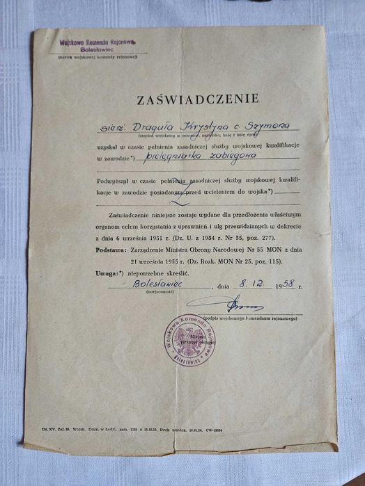 Stary dokument zaświadczenie pielęgniarka zabiegowa 1958r