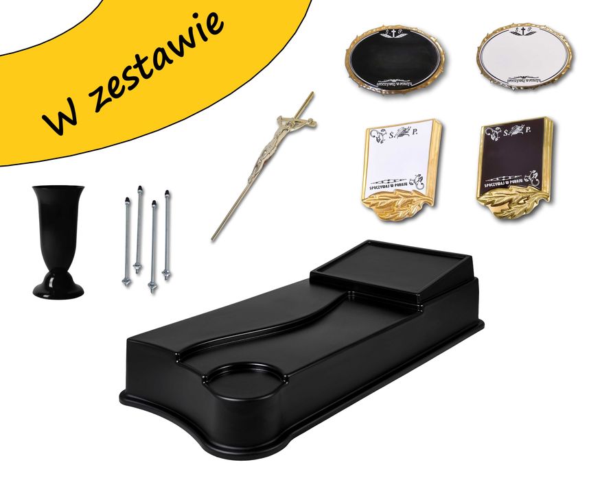 Pomnik, tani nagrobek plastikowy z tabliczką, krzyżykiem, wazonem ZESTAW