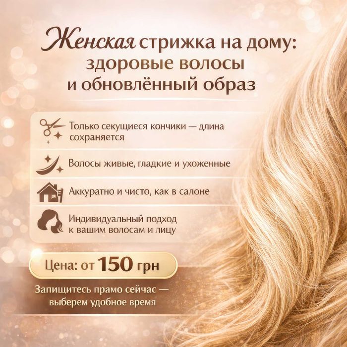 Женская стрижка на дому с обновлением качества волос и образа