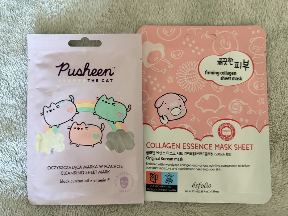 Zestaw 2 maseczek w płachcie (Pusheen + Koreańska kolagenowa)