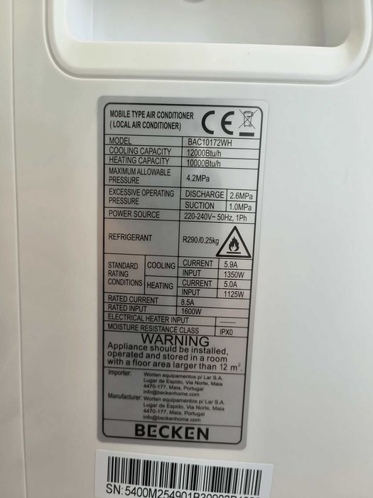 Ar Condicionado Portátil Becken BAC10172WH (12000 BTU - Frio/Quente) – Como Novo