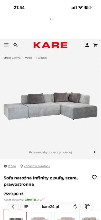 Sofa narożna Infinity z pufą szara kare