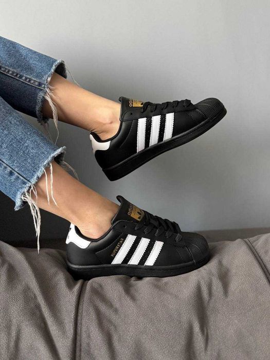 Кросівки Adidas Superstar Black White | кеди Адідас Суперстар чорного кольору шкіряні