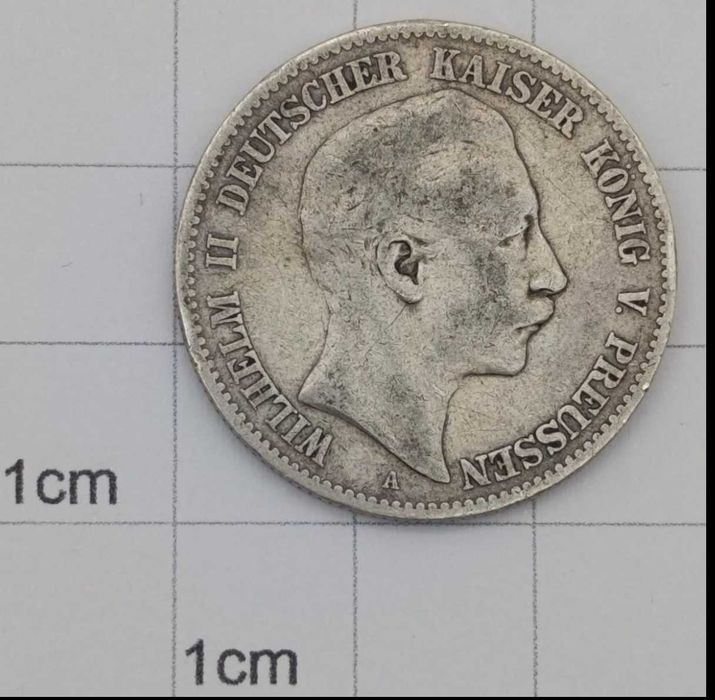 Moeda de 2 marcos em prata alemã de 1896 – Prússia – Kaiser Guilherme II – Deutsches Reich – 90% prata