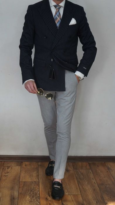 Marynarka dwurzędowa Gianni Feuraud Rozmiar 48 Kolor granatowy Prążki