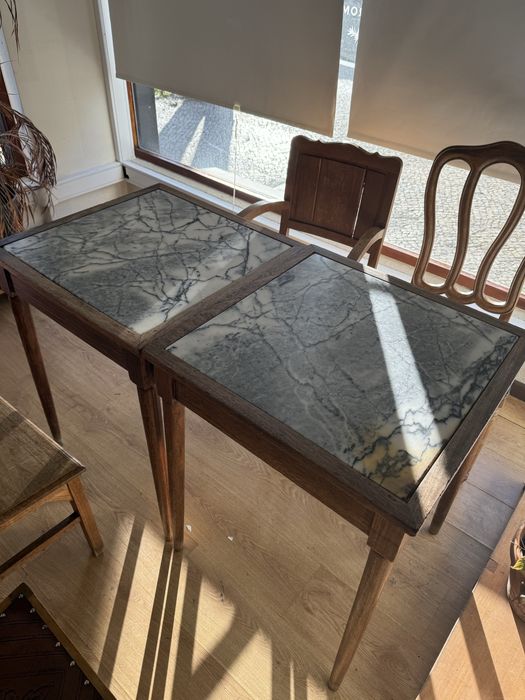 Conjunto 6 mesas antigas tampo em mármore