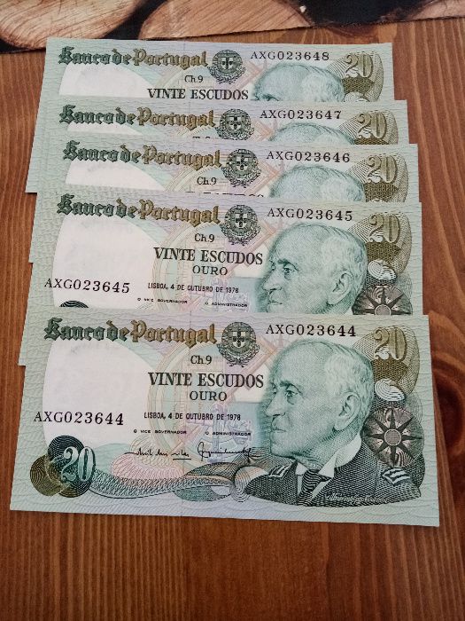 20$00 de GAGO COUTINHO 5 Notas Novas, Não Circuladas com Nºs Seguidos