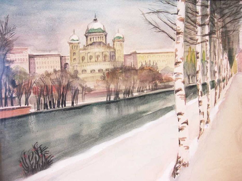 antiga aquarela - Paisagem de inverno - assinada