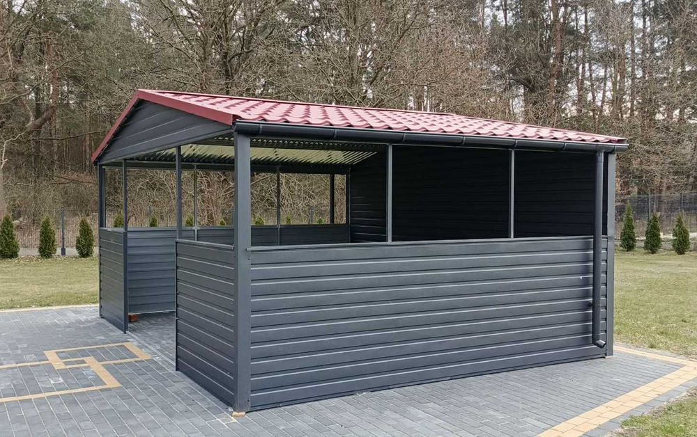 Wiata Śmietnikowa 6x5 Ciemny Grafit MAT Dach dwuspadowy Ciemna Wiśnia