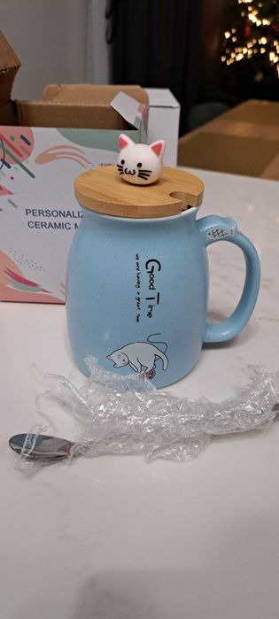 NOWY Kubek Ceramiczny z Kotkiem - kotek na kubku 420 ML niebiesmi
