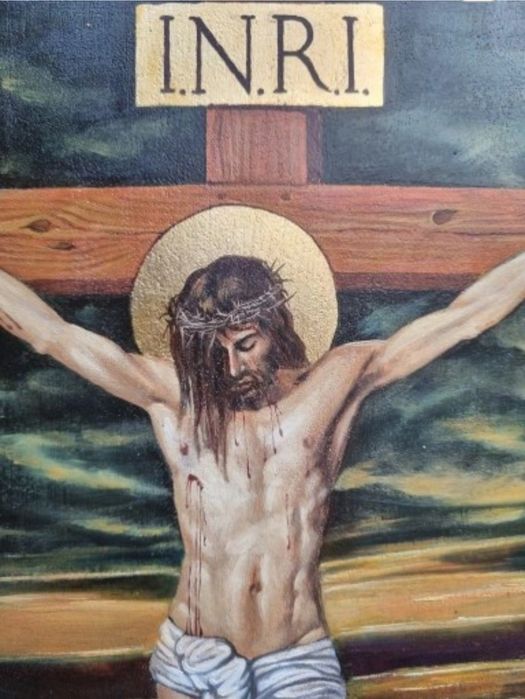 Jezus na krzyżu -olej na desce