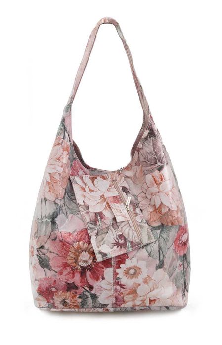 VERA PELLE torebka damska skórzana worek na ramię V254 z kwiatami