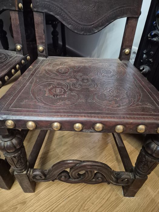 Conjunto 4 cadeiras madeira maciça e couro