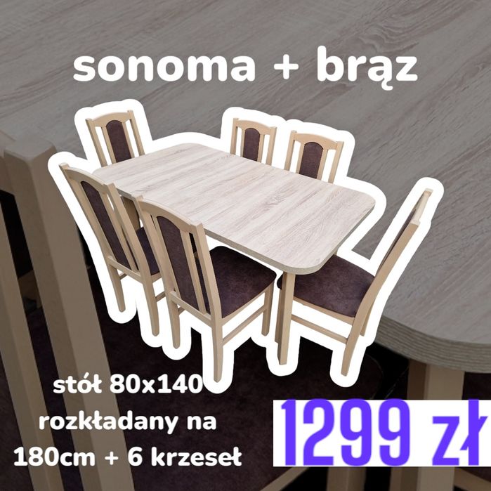 Nowe : Stół 80x140/180 + 6 krzeseł, sonoma + cappuccino, dostawa PL