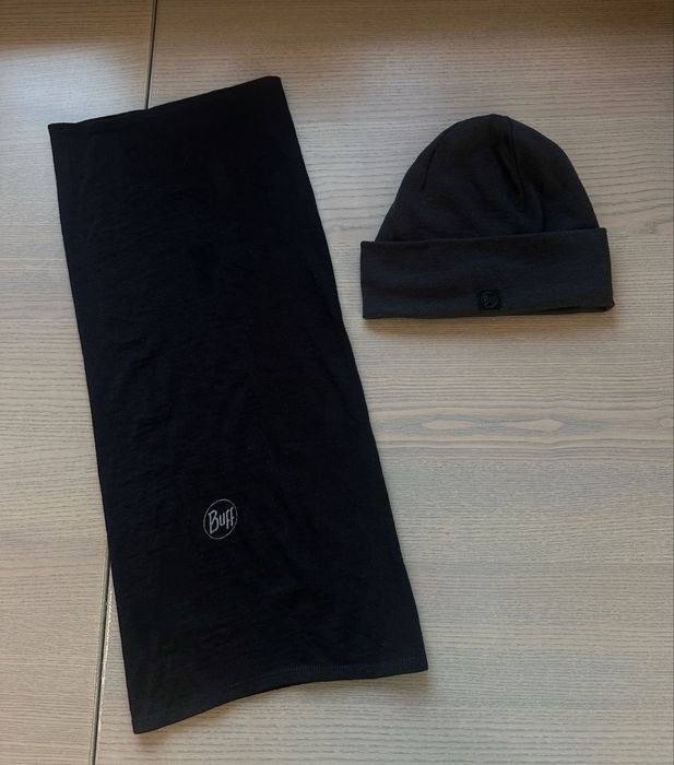 Czapka beanie komin zestaw set 100% wełna merino merino wool czarna black Buff