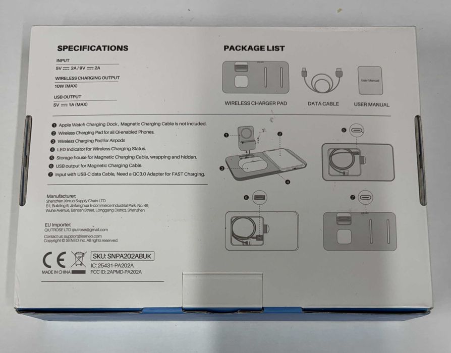 Seneo Carregador Wireless 3 em 1 iPhone AirPods Apple Watch QC3.0