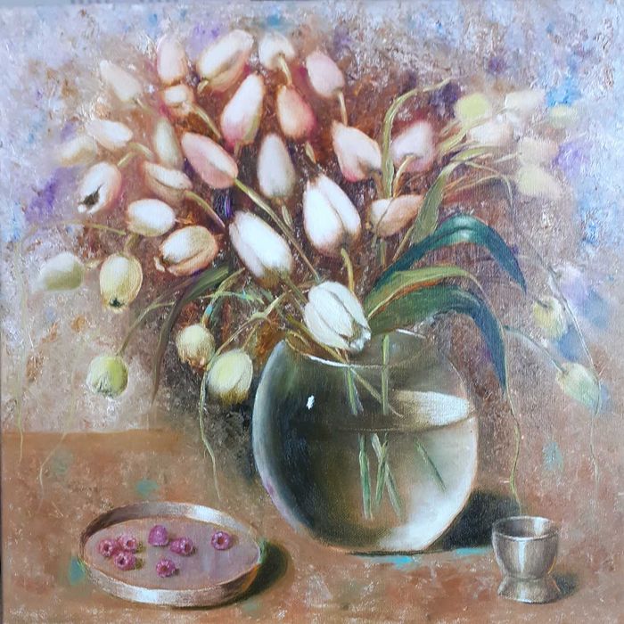 Картина натюрморт, олія ,полотно тюльпани квіти на подарунок