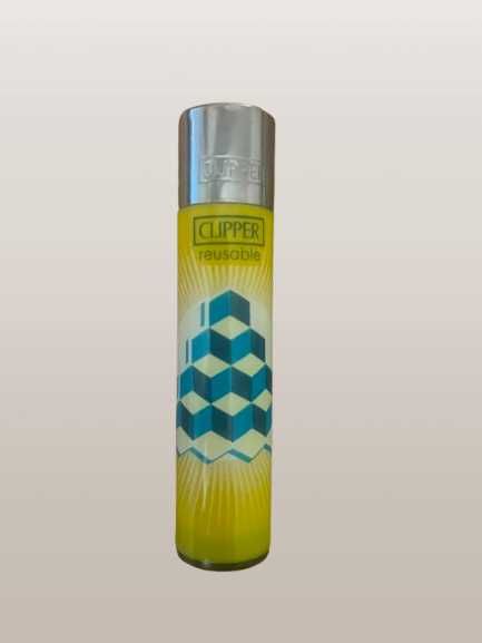 Reusable Pocket Lighter Clipper "Optic Illusions" with Yellow and Blue Geometric Pattern