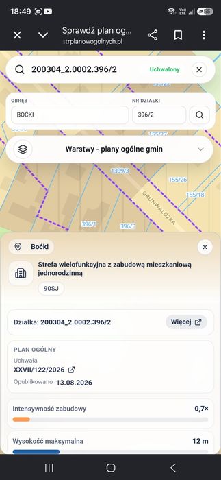 Piękna działka budowlana we wsi Boćki przy drodze asfaltowej