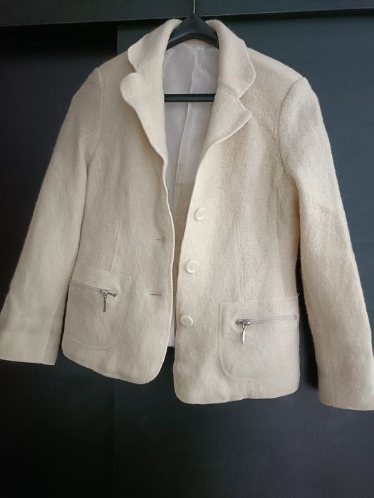 Wełniana - puchata - beżowa ecru piaskowa - marynarka żakiet - M