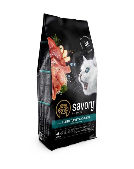 Сухий корм для кошенят Savory, зі свіжим м’ясом індички та курки, 8 кг