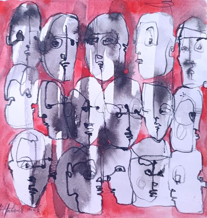 16 faces rysunek szkic portret linearny akwarela tusz Chaber Art twarz