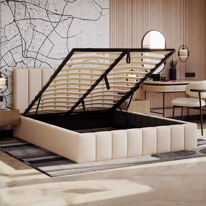 Łożko 140x200 tapicerowane z pojemnikiem welurowe beżowe nowoczesne