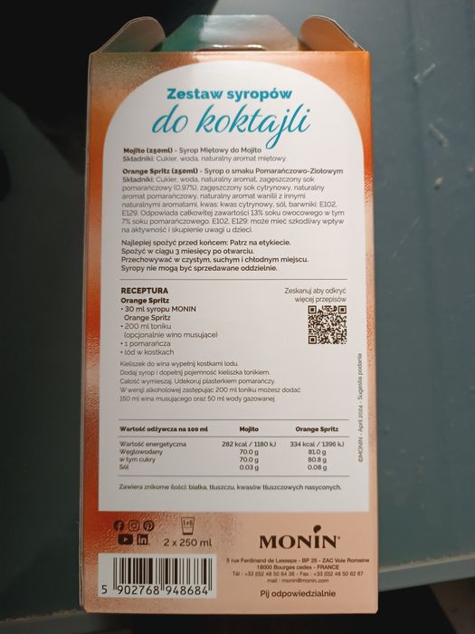 Zestaw syrop barmański do koktajli i kawy Monin 2x250ml